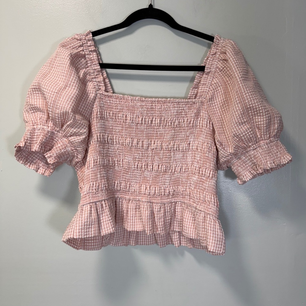Free The Roses Pink Gingham Smocked Puff Sleeve Peplum Top Large Boho
Feminine